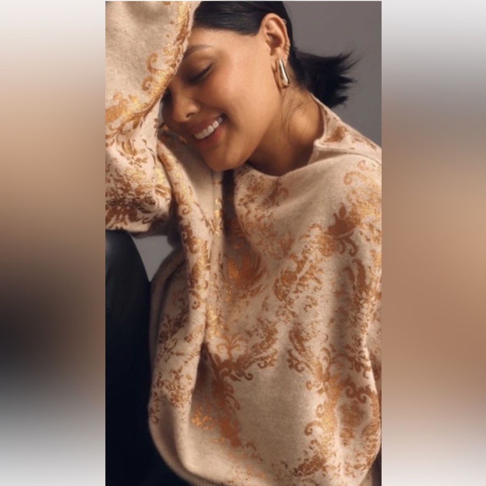 Anthropologie Pilcro The Alani Cashmere Mock Neck Sweater Metallic Floral